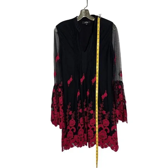 Black & Red Embroidered Long Sleeve Tunic Dress By Niza Size 38 Sheer Sleeve - Picture 6 of 12